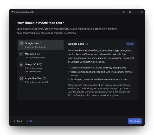 The OCR step: a list of engines (Google Lens, MeikiOCR, Manga OCR, Apple Live Text) with Google Lens's details on the right.