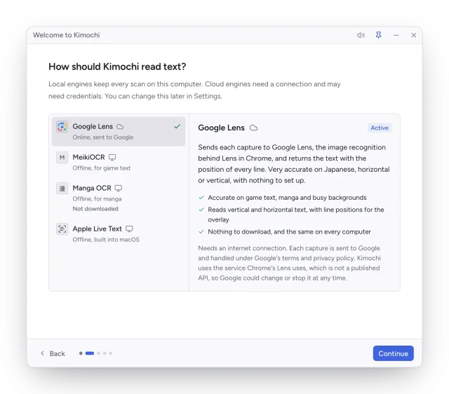 The OCR step: a list of engines (Google Lens, MeikiOCR, Manga OCR, Apple Live Text) with Google Lens's details on the right.