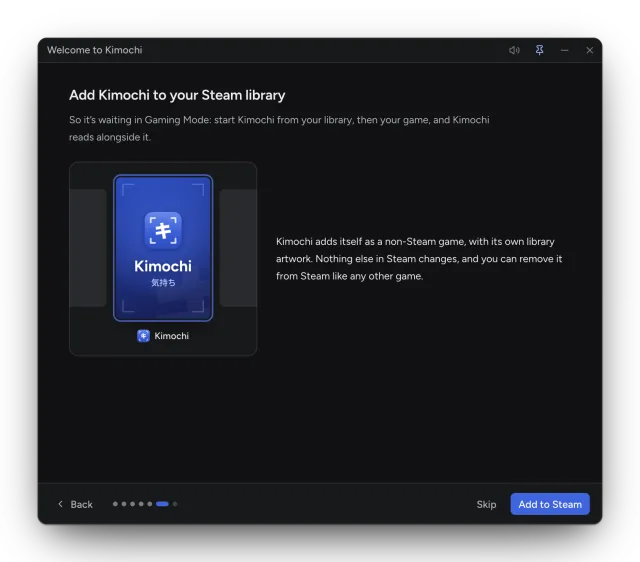 The welcome guide's Add Kimochi to your Steam library step, showing Kimochi's library artwork and the Add to Steam button.